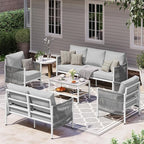 Aluminum Outdoor Patio Furniture Set with Dual-Layer Coffee Table, 5 Piece Modern Patio Conversation Sets with PE Rope, Outdoor Sectional Sofa with Thick Cushions for Balcony, Deck, White