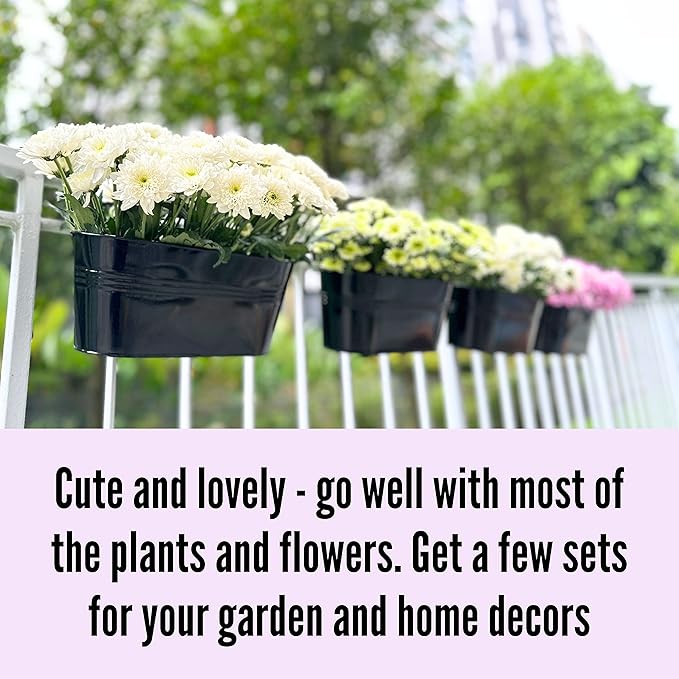 LaLaGreen Rail Planter Outdoor Plants(5 Pack, 11.8 Inch) Black Metal Iron Hanging Flower Pots Deck Railings Fence Buckets Modern Countryside Boho Style Wall Mount Window Box Plant Holder Porch Decor