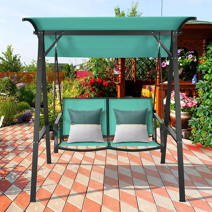 Porch Swing with Adjustable Canopy and Steel Frame, Green, 2-Seat