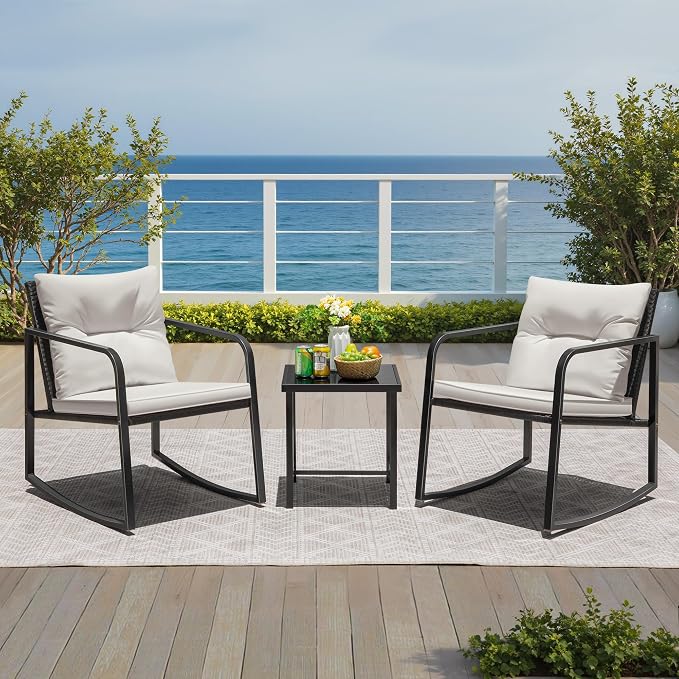 3-Piece Rocking Wicker Patio Conversation Set with Glass Table, Beige