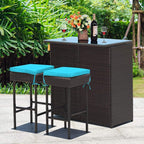 Tangkula Patio Bar Set, 3 Piece Outdoor Rattan Wicker Bar Set with 2 Cushions Stools & Glass Top Table, Outdoor Furniture Set for Patios Backyards Porches Gardens Poolside (Turquoise)
