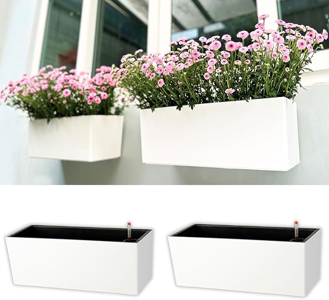 LaLaGreen Wall Planter for Outdoor (2 Pack, 14 Inch) Wall Mounted Self Watering System White Flower Box with Bracket, Window Wall Hanging Rectangular Plant Pot Container Indoor Modern Herb Kitchen