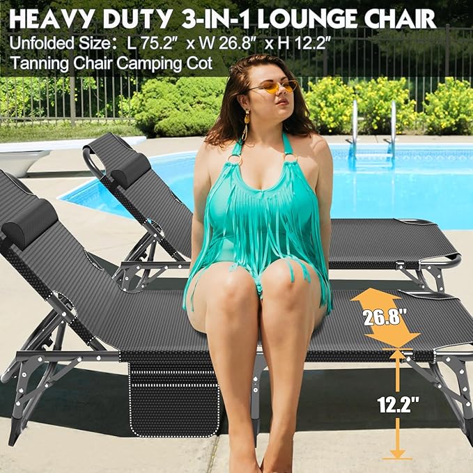 Chaise Lounge Chair with 5 Positions, Folding Steel Cot, Breezy Oceanic