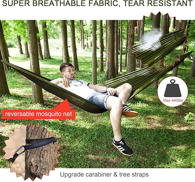 Camping Hammock with Rain Fly Tarp and Mosquito Net Tent Tree Straps, Portable Single Double Nylon Parachute Hammock Rainfly Set for Backpacking Hiking Travel Yard Outdoor Activities Green