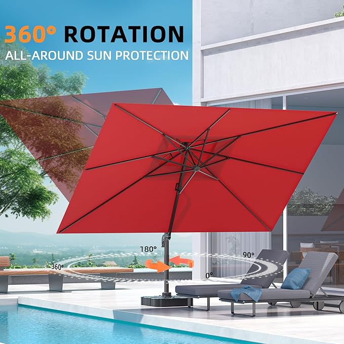9' X 12' Cantilever Outdoor Patio Umbrellas with Base Included, Large Rectangle Umbrella Heavy Duty 360°Rotation Offset Umbrella for Garden Deck Pool Patio,Red