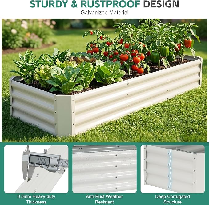 Galvanized Raised Garden Bed - 6x2x1ft (2Packs) Metal Garden Planter Box Outdoor | Steel Raised Bed Kit with Bracing Rods, Gloves for Gardening Vegetables Fruits and Flowers (White)