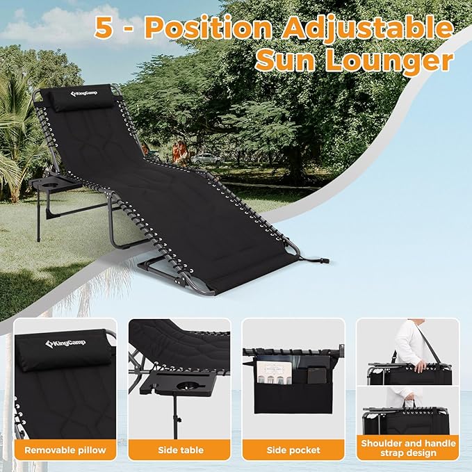 KingCamp Oversize Lounge Chair Outdoor, Extra Large Padded Folding 5 Positions Chaise Tanning Chairs with Pillow & Side Table for Outside Sunbathing Beach Patio Pool Camping (Black)