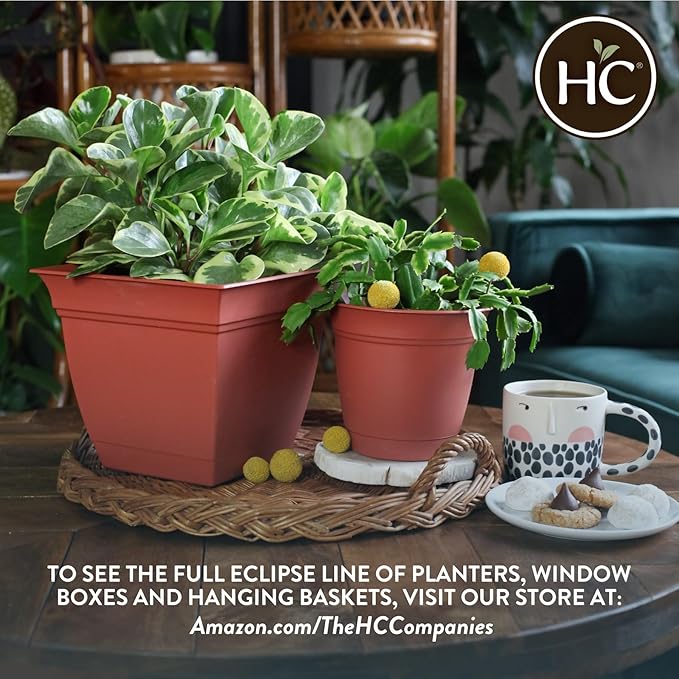 The HC Companies Eclipse Round Planter with Saucer - Outdoor & Indoor Plant Pot with Drainage Holes - Lightweight, UV-Resistant Plastic Pots for Plants, Flowers & Herbs (16" Clay, Pack of 1)