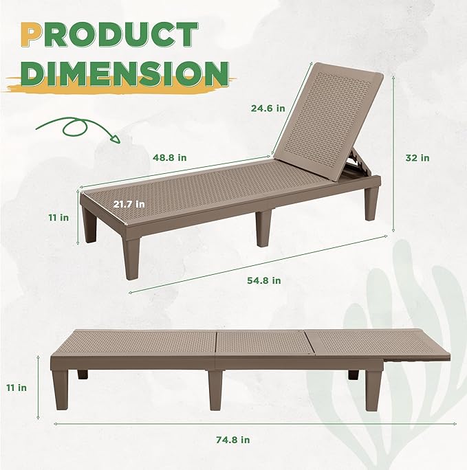 Greesum Outdoor Chaise Lounge Chairs Set of 4 with 5-Position Adjustable Backrest, Waterproof PP Sun Chaise Loungers for Garden Pool Beach Patio Deck Sunbathing, Light Coffee