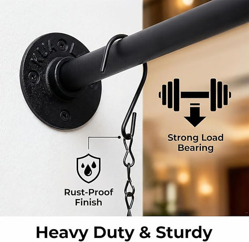 2 Pack Black Metal Pipe Plant Hanger Indoor with Hanging Chains, Industrial Window and Wall Mounted Hanging Rod Planter for Plants, Pots/Plants Not Included