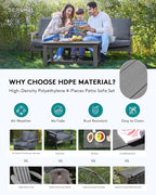 SERWALL HDPE Patio Sofa Set, 4-piece Sectional Outdoor Furniture Set, All Weather Outdoor Couch Set Patio Furniture Set for Deck, Lawn, Grey Frame with Grey Cushion