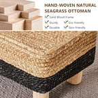 Wimarsbon Natural Seagrass Footstool Ottoman Rectangular Footrest Pouf Ottomans with Wooden Legs Hand Weave Step Stool for Living Room Bedroom Entryway Black
