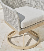 Signature Design by Ashley Seton Creek Cottage Nuvella Weather Resistant Fabric Outdoor Swivel Dining Chair with Cushion, Set of 2, Light Brown & Light Gray