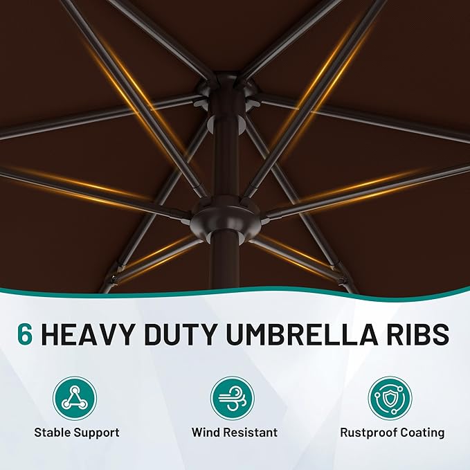 AreShark 7.5FT Patio Umbrella Table Market Umbrella with 6 Sturdy Ribs, Button Tilt/Crank, Heavy-Duty Outdoor Umbrellas for Pool, Deck, Garden and Backyard, Brown