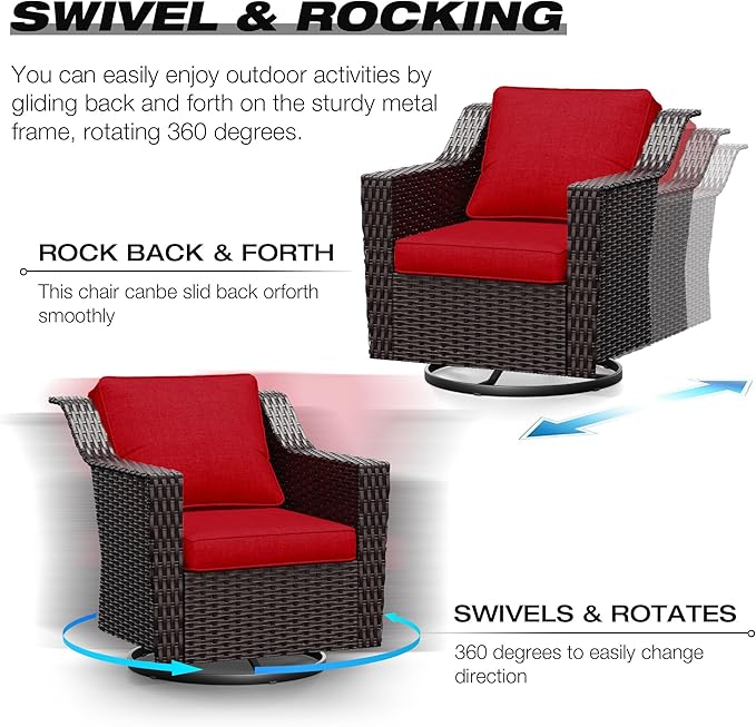 Joyside Wicker Patio Furniture Sets, 6 Pieces Upgraded Large Size Outdoor Furniture with Swivel Rocking Patio Chairs, Two 3-Seat Sofa, Fire Table, Coffee Table, Thick Cushions, Wide Armrest, Red