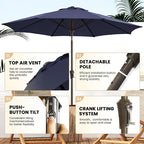 Ayge 9FT Large Outdoor Patio Umbrella Market Table Umbrella-UV Resistant, Easy Push Button Tilt and Crank, 8 Sturdy Fiberglass Ribs Heavy-Duty Pool Umbrella for Deck, Backyard,Garden,Navy