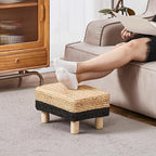 Wimarsbon Natural Seagrass Footstool Ottoman Rectangular Footrest Pouf Ottomans with Wooden Legs Hand Weave Step Stool for Living Room Bedroom Entryway Black