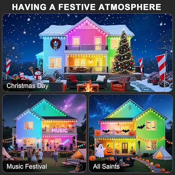 300FT Permanent Outdoor RGB Lights - Waterproof Smart LED Eaves Lights with App/Remote Control, Music Sync & DIY Scenes, Perfect for Christmas, Halloween, Parties & Daily Decor, Ideal for House Roof