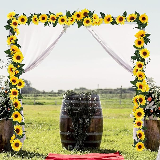 Artificial Sunflower Garland, 7.5 Ft Green Silk Vines, 12 Pack