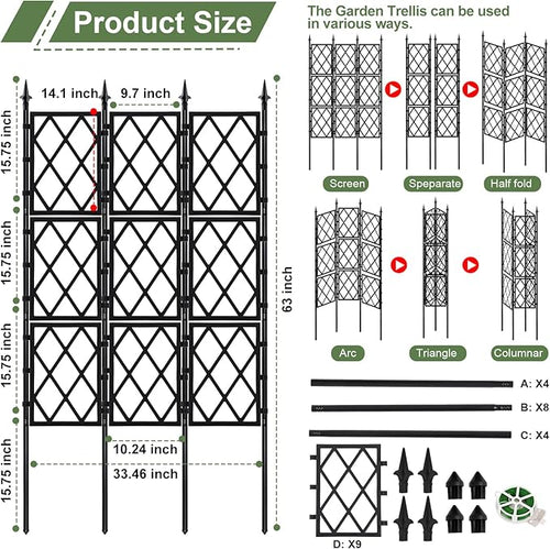 5.25FT Garden Trellis for Climbing Plants Outdoor, Black Iron Pipe Support Fence,Metal Wall Lattice Climbing Frame for Potted Plants Indoor for Ivy Vines Vegetable Flower, Patio, Lawn, Yard, Backyard