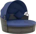 Outsunny 4-Piece Round Convertible Daybed with Cushions, Outdoor PE Rattan Patio Wicker Sofa Set, Sunbed with Adjustable Sun Canopy, Sectional Sofa, 2 Chairs, Table, 3 Pillows, Dark Blue