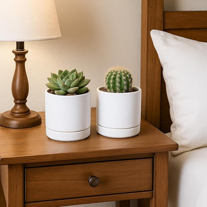 Planters: Set of 4 White Round Ceramic Pots with Saucers
