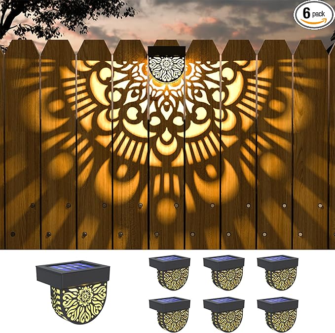 6 Pack Solar Fence Lights Outdoor Wall Lights Black Plastic Solar Powered Deck Step Stair Lights Mandala Theme Waterproof Fence Solar Light for Garden Post Patio Backyard Yard Decor