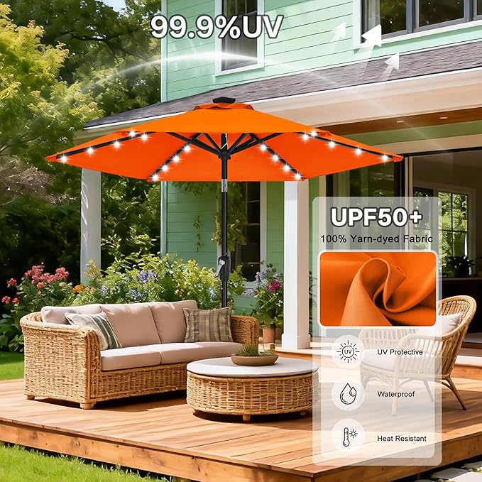 ABCCANOPY Durable Solar Led Patio Umbrellas with 32LED Lights 7.5FT (Orange)