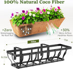 Railing Planter Boxes, Heavy Duty Window Box Planters, Adjustable Balcony Planters for Railing Hanging, with Coco Liner & Support Rod for Deck, Porch, and Patio Gardening (3 Pack, 30 Inch)