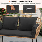Tangkula Patio Wicker Loveseat, Outdoor Rattan 2-Seat Cushioned Sofa with Heavy Duty Metal Frame, for Backyard,Porch,Poolside (Black)