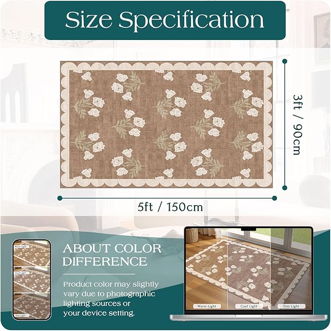 Outdoor Rug, 3x5 Tan Floral Entry Mat, Machine Washable