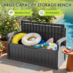 Greesum 80 Gallon Outdoor Storage Bench, Resin Patio Furniture with Armrest,Waterproof and UV-Resistant, Perfect to Garden, Poolside and Lawn, Dark Grey