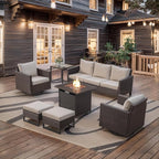 Belord 7 Pieces Patio Furniture Set with Fire Pit Table: Wicker Patio Conversation Set with Outdoor Swivel Glider Rocker Patio Couch Metal Side Table, All Weather Brown Rattan