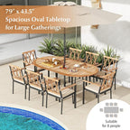 Tangkula 79" Large Patio Dining Table for 6, Acacia Wood 6-Person Dining Table with 2.5" Umbrella Hole & Metal Legs & Adjustable Foot Pads, Oval Outside Table for Garden, Poolside & Backyard