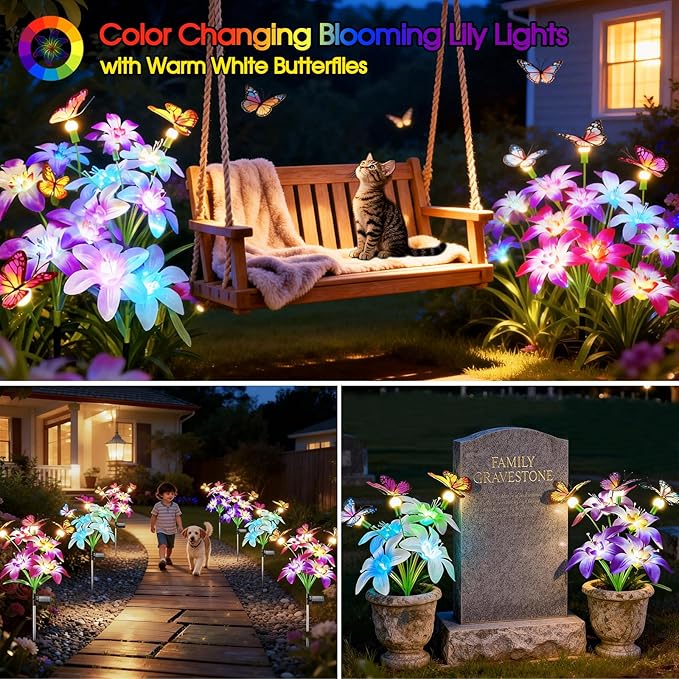 Garpar Solar Lights Outdoor Decorative, Upgraded 4 Pack Flowers with 16 Color Changing Lilies and 12 Butterflies, Brighter Waterproof Garden Decor for Yard Lawn Pathway, Gift for Mom Women Grandma