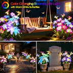 Garpar Solar Lights Outdoor Decorative, Upgraded 4 Pack Flowers with 16 Color Changing Lilies and 12 Butterflies, Brighter Waterproof Garden Decor for Yard Lawn Pathway, Gift for Mom Women Grandma