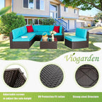 Vongrasig 7 Pieces Patio Furniture Sets, Outdoor All-Weather Wicker Patio Conversation Sets, L-Shaped Rattan Sectional Patio Sofa with Glass Table for Backyard, Blue