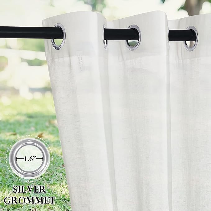 RYB HOME Sheer Curtains for Patio Outdoor, Linen Textured White Panel Grommet Top Waterproof Light Diffused Drapes for Porch Gazebo Deck, 2 Pieces with Tieback Ropes, W52 x L 96 inches