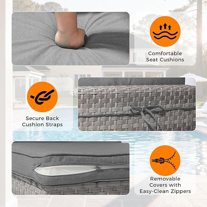 14-Seat Outdoor Wicker Patio Furniture Set with Fire Pit Table, Modular Rattan Sectional Sofa & 2 Swivel Rocking Chairs, 4" Thick Cushions, Rust-Resistant Frame,Gray