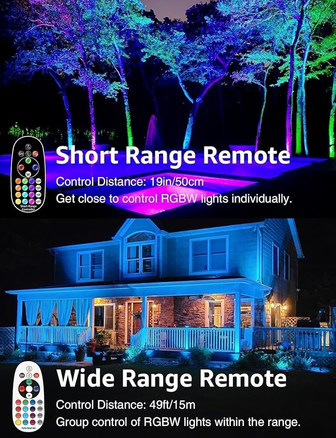 SUNVIE Christmas 12W RGB Color Changing Landscape Lights Low Voltage LED Landscape Lighting Remote Control Spotlight Waterproof Garden Pathway Christmas Decoration Outdoor, 8 Pack with Connector