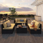 Patio Furniture Sets 7 Pieces Outdoor Sectional Rattan Sofa Manual Weaving Wicker Patio Conversation Set with Glass Table and Cushion (Beige)