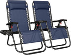 Yaheetech Zero Gravity Recliners Outdoor Adjustable Folding Reclining Lounge Chairs w/Pillows, Cup Holder Trays and Carry Strap for Patio Backyard Beach Navy Blue Set of 2