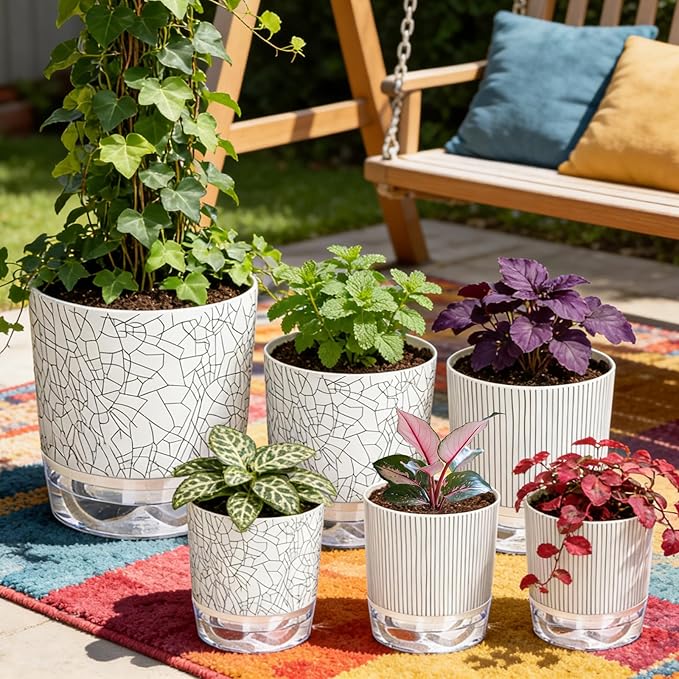 Self Watering Pots for Indoor Plants, 4/5.5/6.3 Inch Plant Pots Indoor Outdoor with Drainage Holes, Deep Reservoir, Plastic Self Watering Flower Pots