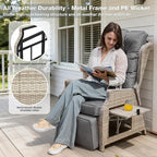 Outdoor Recliner with Adjustable Back and Footrest, Patio 150° Lay Flat Recliner with Flip Table Wicker Reclining Lounge Chair, Grey with Beige Wicker 2PCS