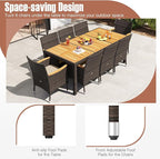 Tangkula 9 Pieces Rattan Outdoor Dining Set for 8, Outdoor Acacia Wood Table Set with 8 Cushioned Wicker Chairs, Umbrella Hole, Patio Dining Furniture Set for Deck Pool Backyard
