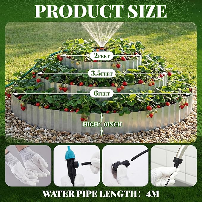 Pyramid Garden Kit, Strawberry garden Planter, 6 ft Diameter Base, Includes 3 Metal Bands, Sprinkler, Gloves, Hose, Plastic Connector for Herbs, Flowers, Ideal Gardening Gift for Yard Patio