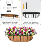 16'' Window Box Railing Planter with Coco Liner,2 Pack Horse Trough Planters Black Metal Hanging Flower Planters Basket for Porch Fence Patio Indoor Outdoor Lawn
