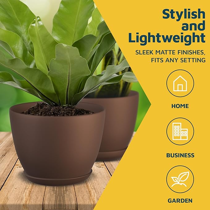 Brown Plant Pots with Drainage Holes & Saucers 15 Pack, Indoor & Outdoor Stackable Space-Saving Planters for Houseplants & Flowers, (7", 6.7", 6", 5.3", and 4.8" Inches), Durable & Weatherproof