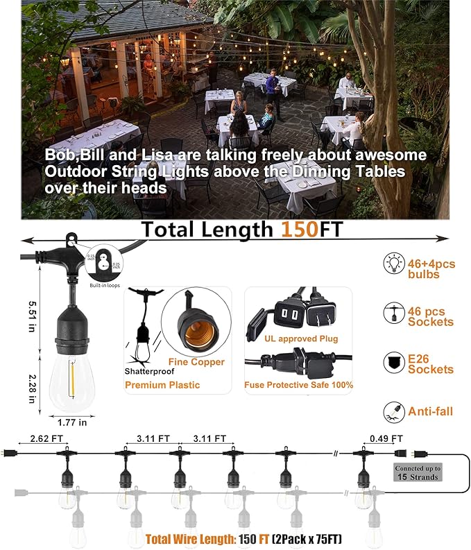 String Lights 150 Ft Outdoor LED with Shatterproof Edison Bulbs