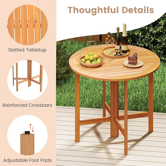 Tangkula 2 Pieces 36 Inches Outdoor Folding Round Dining Table, No Assembly Patio Acacia Wood Bistro Table with Slatted Tabletop, for Backyard, Porch, Balcony